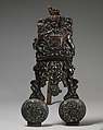 Pair of andirons, Stephen Pilcherd (British, free of the London Founders&#39; Company 1625, died 1670) or, Brass, partly enameled, on a wrought-iron frame, British, London