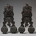 Pair of andirons, Stephen Pilcherd (British, free of the London Founders' Company 1625, died 1670) or, Brass, partly enameled, on a wrought-iron frame, British, London