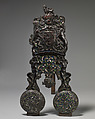Pair of andirons, Stephen Pilcherd (British, free of the London Founders&#39; Company 1625, died 1670) or, Brass, partly enameled, on a wrought-iron frame, British, London