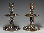Pair of candlesticks, Enamel on brass, British, Surrey