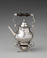 Miniature kettle with cover, stand, and lamp, David Clayton (British, active 1689), Silver, wood, British, London