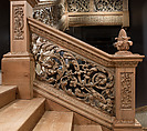 Staircase from Cassiobury Park, Hertfordshire, Attributed to Edward Pearce (ca. 1630–1695), Risers, treads: oak; balustrade friezes, finials: elm; newel posts, stringers, skirting, baluster bases, balusters, handrails: pine, British