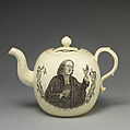 Teapot with depiction of John Wesley, Josiah Wedgwood and Sons (British, Etruria, Staffordshire, 1759–present), Creamware, tranfer printed, British, Liverpool