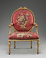 Armchair (one of a set of six), John Mayhew (British, 1736–1811), Gilded fruitwood; wool and silk (22-24 warps per inch, 9-10 per centimeter), British and French