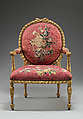 Armchair (one of a set of six), John Mayhew (British, 1736–1811), Gilded fruitwood; wool and silk (22-24 warps per inch, 9-10 per centimeter), British and French