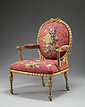 Armchair (one of a set of six), John Mayhew (British, 1736–1811), Gilded fruitwood; wool and silk (22-24 warps per inch, 9-10 per centimeter), British and French