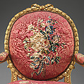 Armchair (one of a set of six), John Mayhew (British, 1736–1811), Gilded fruitwood; wool and silk (22-24 warps per inch, 9-10 per centimeter), British and French