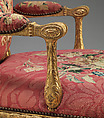 Armchair (one of a set of six), John Mayhew (British, 1736–1811), Gilded fruitwood; wool and silk (22-24 warps per inch, 9-10 per centimeter), British and French