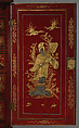 Secretary cabinet, Oak, pine, and walnut decorated in red, gold, and silver japanning; brass; mirror glass, British
