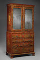 Secretary cabinet, Oak, pine, and walnut decorated in red, gold, and silver japanning; brass; mirror glass, British