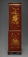 Secretary cabinet, Oak, pine, and walnut decorated in red, gold, and silver japanning; brass; mirror glass, British
