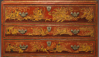 Secretary cabinet, Oak, pine, and walnut decorated in red, gold, and silver japanning; brass; mirror glass, British