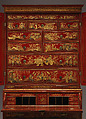 Secretary cabinet, Oak, pine, and walnut decorated in red, gold, and silver japanning; brass; mirror glass, British