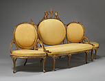 Settee (Confidante) (part of a set), Beechwood, gilt; silk moiré upholstery not original to the frame, British