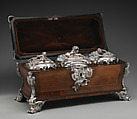 Pair of tea caddies and a sugar box in a case, Paul de Lamerie (British, 1688–1751, active 1712–51), Silver; oak, rosewood with boxwood and ebony inlay, silver mounts, British, London
