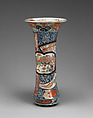 Beaker vase (part of an assembled garniture), Hard-paste porcelain with underglaze blue and overglaze enamel and gilding, Japanese, for export market (Hizen ware, Imari type)
