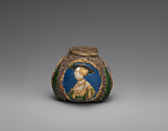 Hafner ware pot with portraits of Ferdinand I, King of Hungary (1503–64), Anne of Hungary (1503–47), and probably Emperor Charles V (1519–56), Hard fired earthenware with sand decoration and polychrome tin-glaze and lead-glaze decoration, traces of gilding, Germany, Nuremburg