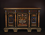 Cabinet, Attributed to Robert Hume (British, active 1808, died 1840), Oak, ebony veneer, 'pietra dura' plaques, with lapis lazuli agate, Sicilian jasper, Siena marble columns, 'rosso antico' marble top, lacquered brass mounts, British