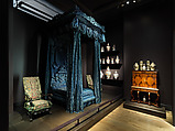 Reproduction hangings for state bed from Hampton Court, Herefordshire, Blue silk damask, British
