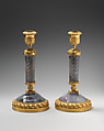 Candlestick (one of a pair), Pale blue chalcedony, gilt bronze, Probably French