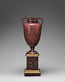 Urn on square base (one of a pair), Egyptian Imperial porphyry; gilt bronze, possibly Italian