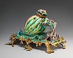 Inkstand in the form of a pomegranate in a gilt-bronze mount, Chantilly (French), Soft-paste porcelain, gilded bronze, French, Chantilly or Villeroy
