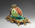 Inkstand in the form of a pomegranate in a gilt-bronze mount, Chantilly (French), Soft-paste porcelain, gilded bronze, French, Chantilly or Villeroy
