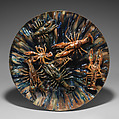 Large round plate with crayfish, Alfred Renoleau (1854 Mansle, Charente, France–1930 Angoulême, France), Glazed earthenware with applied decoration, French, Roumazière