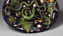 Oval basin with lizards, moths, and blue and purple background, Georges Pull (Wissembourg, Alsace-Lorraine, France 1810–1889 Paris, France), Glazed earthenware, French, Paris