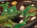 Oval basin with lizards, shells, and ivy leaves with brown background, Georges Pull (Wissembourg, Alsace-Lorraine, France 1810–1889 Paris, France), Glazed earthenware, French, Paris