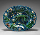 Oval basin with lizard, shells, and light blue background, Georges Pull (Wissembourg, Alsace-Lorraine, France 1810–1889 Paris, France), Glazed earthenware , French, Paris