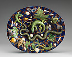 Oval basin with lizards, moths, and blue and purple background, Georges Pull (Wissembourg, Alsace-Lorraine, France 1810–1889 Paris, France), Glazed earthenware, French, Paris