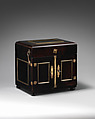 Apothecary Cabinet, Nicolaus I Kolb (German, master 1582–1621), Veneer: ebonized pearwood (Pyrus communis), ebony, partially gilded silver; carcass: conifer; interior: protective quilted cushion covered in red silk, drawers and chest lined with red silk velvet; gold trimming; mounts and fittings: partially gilded brass; thirty-two (32) vessels and utensils: glass, partially gilded silver, low carbon steel, leather, German, Augsburg