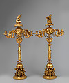 Candelabrum with woman playing flute (one of a pair), Aimé Chenavard (French, Lyons 1798–1838 Paris), Gilt bronze; rock crystal, carnelian, French, Paris