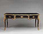 Writing table (bureau plat), Bernard II van Risenburgh, Veneered on oak with ebony; mounts of chased and gilded bronze; top inlaid with later panels of black morocco and gilt-tooled leather, French