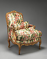 Armchair (bergère à la Reine) (one of a pair), Jean-Baptiste I Tilliard (French, 1686–1766), Frame of beechwood carved and gilded; upholstered in ikat, French