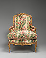Armchair (bergère à la Reine) (one of a pair), Jean-Baptiste I Tilliard (French, 1686–1766), Frame of beechwood carved and gilded; upholstered in ikat, French