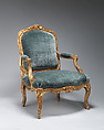 Armchair (fauteuil à la Reine) (one of a pair), Jean-Baptiste I Tilliard  French, Frame of beechwood carved and gilded; upholstered with blue velvet, French