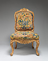 Chair (chaise à la Reine) (one of a set of four), Probably by Jean-Baptiste I Tilliard (French, 1686–1766), Beechwood unusually richly carved and gilded; previously upholstered with coral colored velvet attached with brass-headed nails, now upholstered in yellow petit point, French, Paris