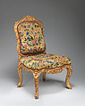 Chair (chaise à la Reine) (one of a set of four), Jean-Baptiste I Tilliard  French, Beechwood unusually richly carved and gilded; previously upholstered with coral colored velvet attached with brass-headed nails, now upholstered in yellow petit point, French, Paris