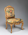 Chair (chaise à la Reine) (one of a set of four), Probably by Jean-Baptiste I Tilliard (French, 1686–1766), Beechwood unusually richly carved and gilded; previously upholstered with coral colored velvet attached with brass-headed nails, now upholstered in yellow petit point, French, Paris