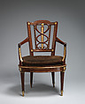 Armchair en cabriolet, David Roentgen German, Mahogany, gilt bronze, brass; modern suede upholstery, German, Neuwied am Rhein