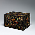 Coffer with inlaid monogram, Ebony, various marquetry woods, ivory, stained horn, mother-of-pearl, on poplar wood, mahogany; modern velvet; brass hardware; gilt-bronze handles, Possibly French or Italian