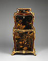 Drop-front secretaire (secrétaire à abattant), Jean-François Dubut (French, died 1778), Veneered on oak, in front with panels of black and gold lacquer, partly Chinese and partly European, and on the sides with floral marquetry in tulipwood, rosewood, satinwood, purplewood, and various other end-cut woods; mounts of gilded and chased bronze; top of breche d'Aleps marble, French