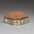 Pincushion, André Aucoc, Silver gilt, mother-of-pearl, red velvet, French, Paris