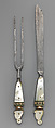 Table fork, Steel; mother of pearl, stained horn, brass, Hungarian