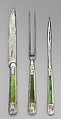 Knife, fork, and skewer needle with case, Steel, shagreen, silver, horn or ivory, possibly Flemish