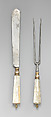 Carving knife and fork, Steel, bronze, mother-of-pearl over wood, Hungarian