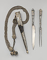 Knife and fork with case, Steel, silver, niello; case:  leather, silver, niello, possibly Greek