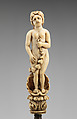 Knife with carved handle of nude female with crescent in hair standing in a half shell holding a swag, Steel gilt, ivory, Italian